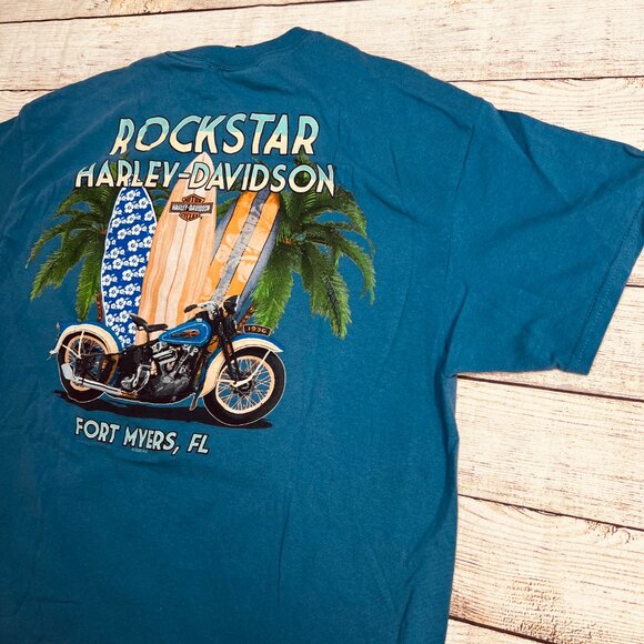 Vintage Harley Davidson Rockstar Fort Myers FL T-Shirt Size Large Blue Surfboard - Picture 7 of 11